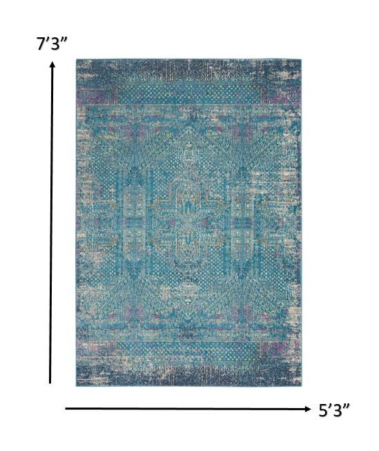 5' X 7' Blue And Ivory Southwestern Distressed Area Rug