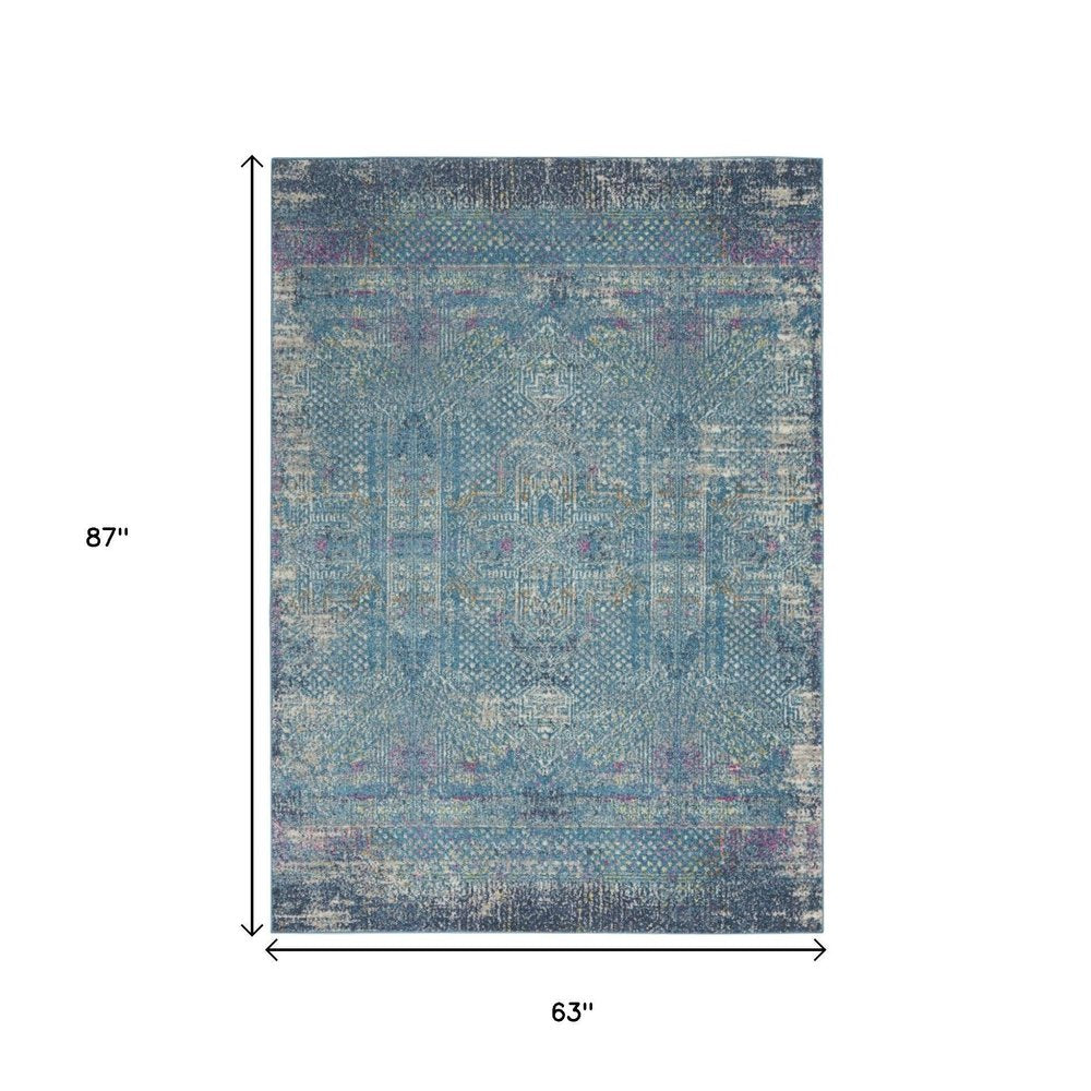 5' X 7' Blue And Ivory Southwestern Distressed Area Rug