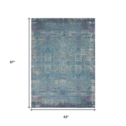 5' X 7' Blue And Ivory Southwestern Distressed Area Rug