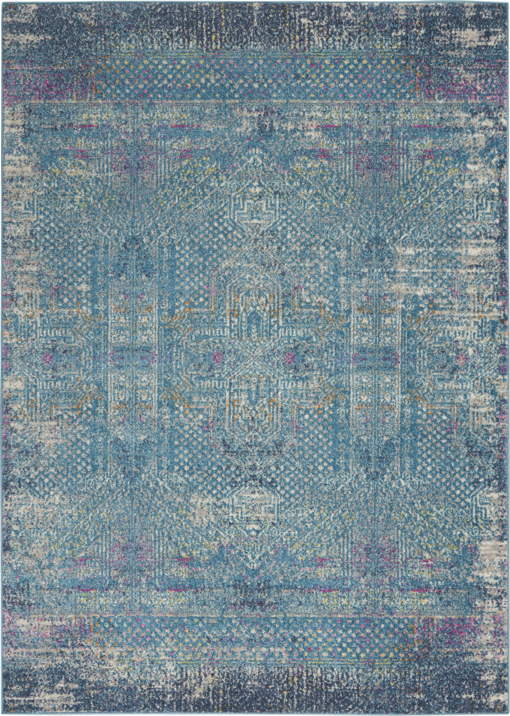 5' X 7' Blue And Ivory Southwestern Distressed Area Rug