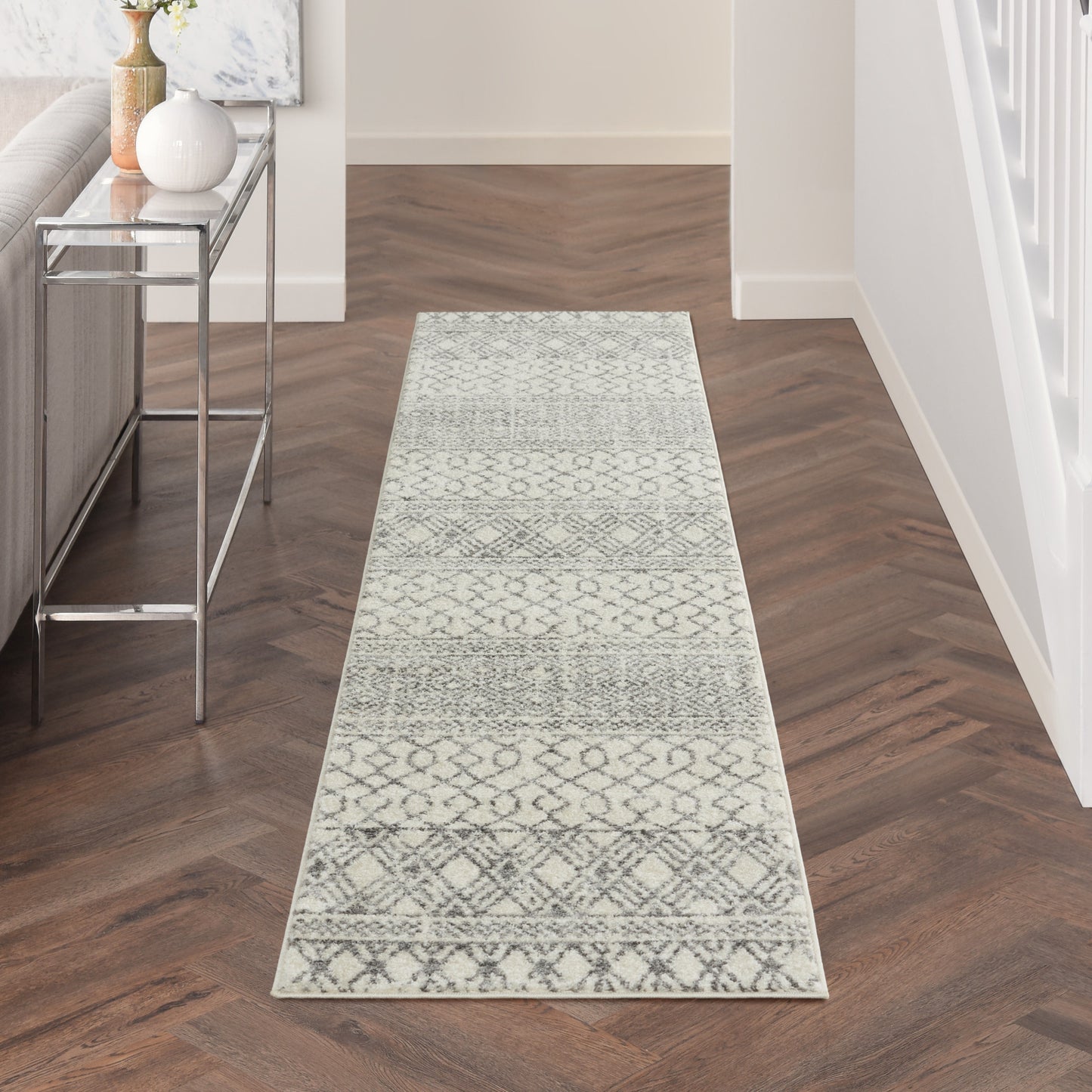 8' Gray And Ivory Geometric Runner Rug