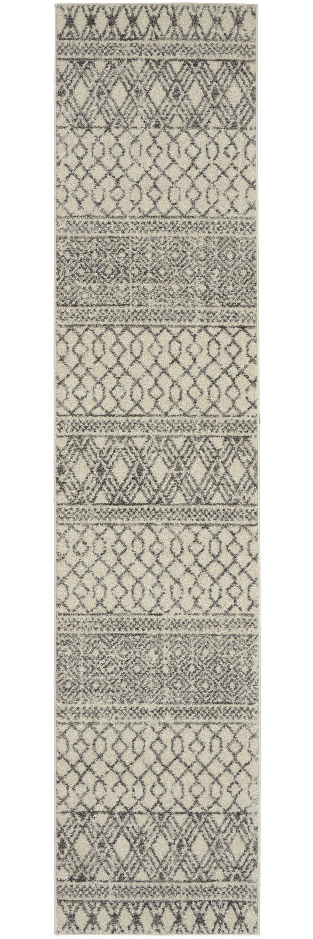 10' Gray And Ivory Geometric Runner Rug