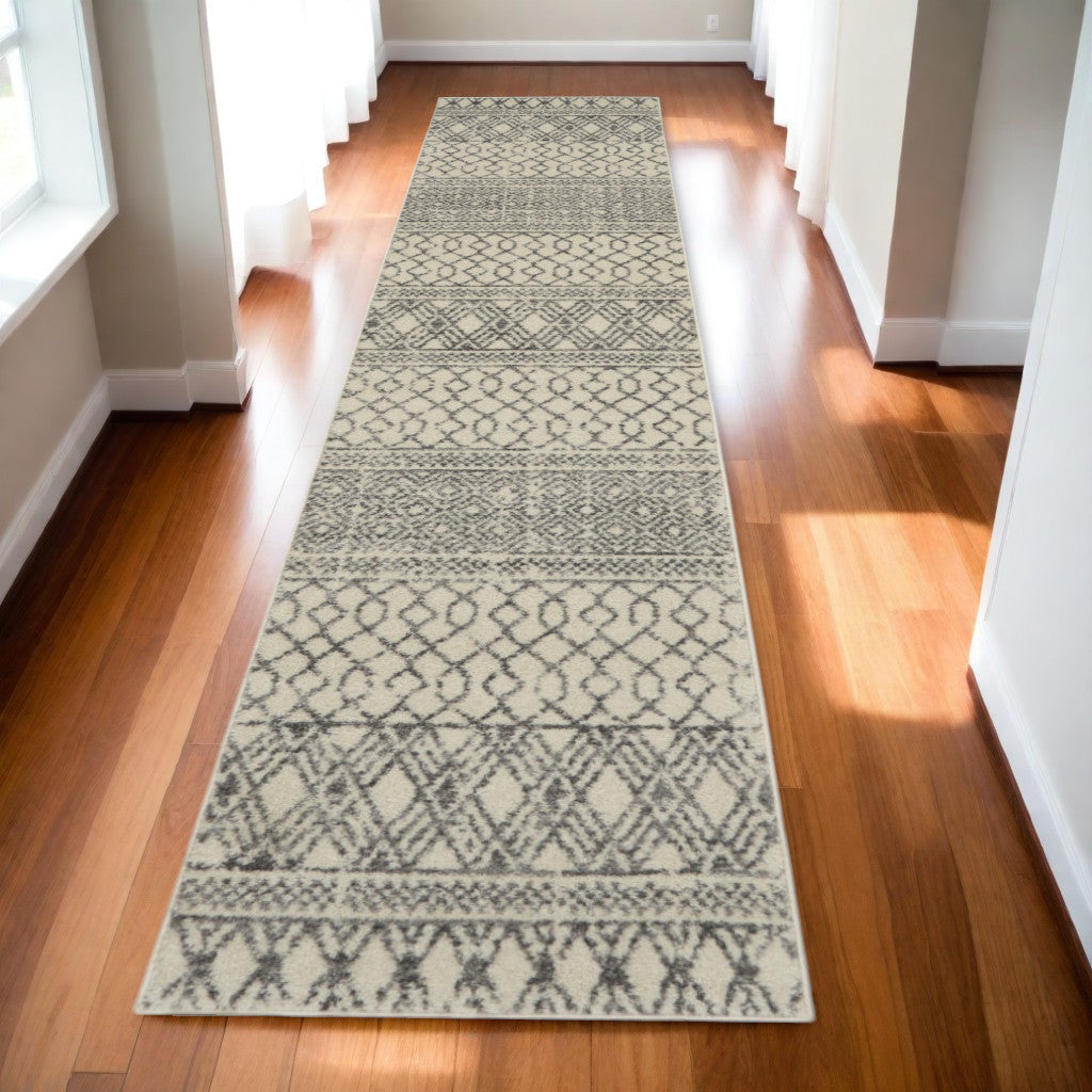 8' Gray And Ivory Geometric Runner Rug