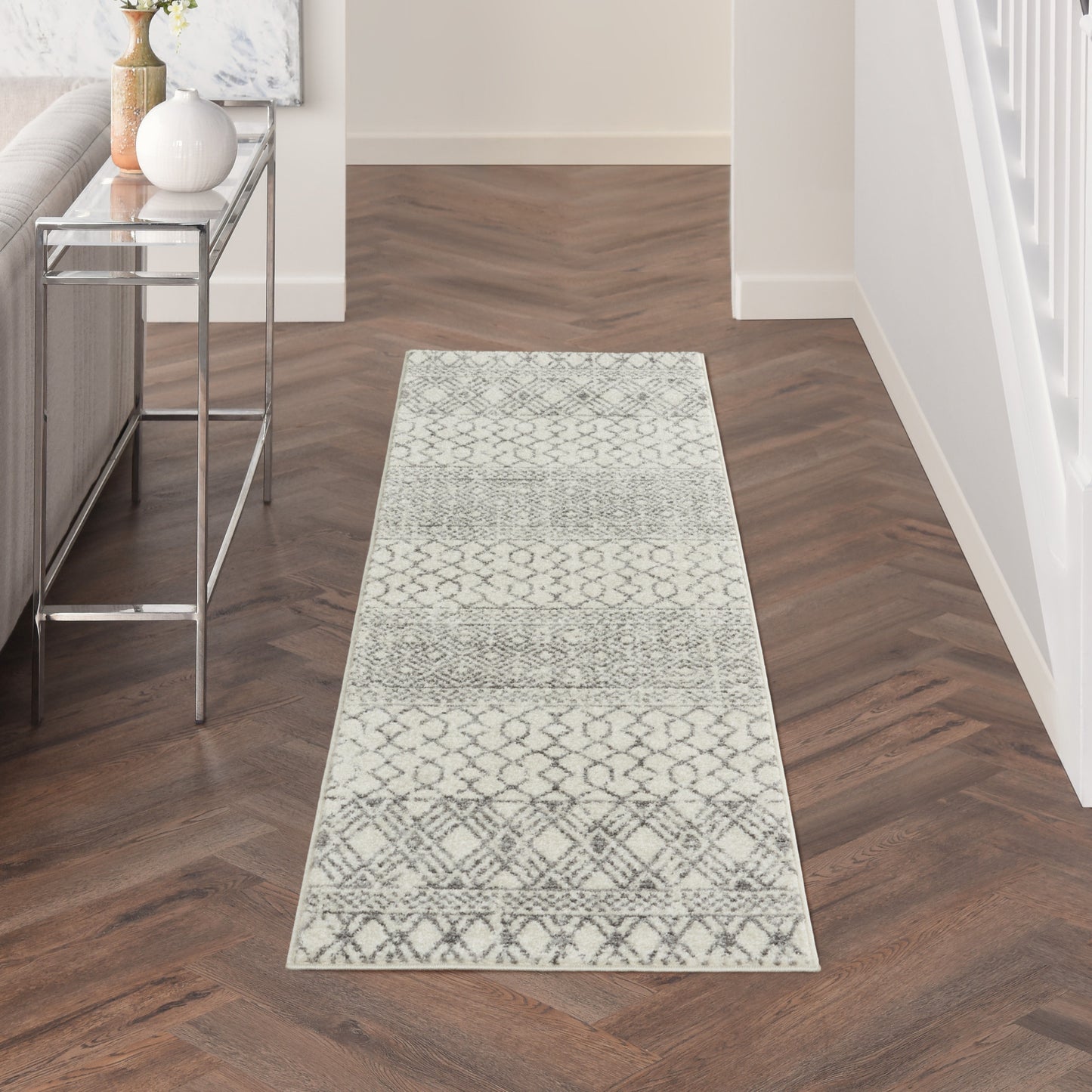 8' Gray And Ivory Geometric Runner Rug