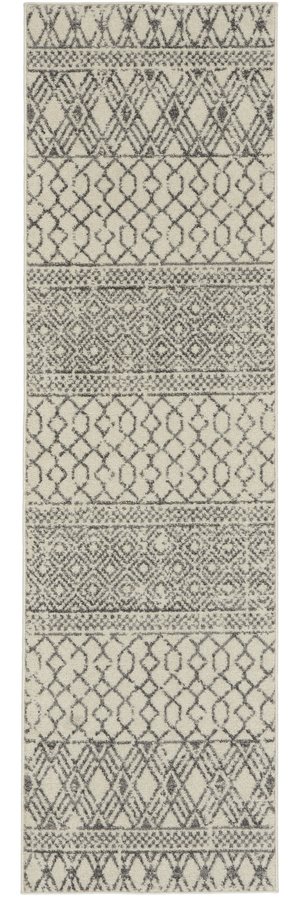 10' Gray And Ivory Geometric Runner Rug