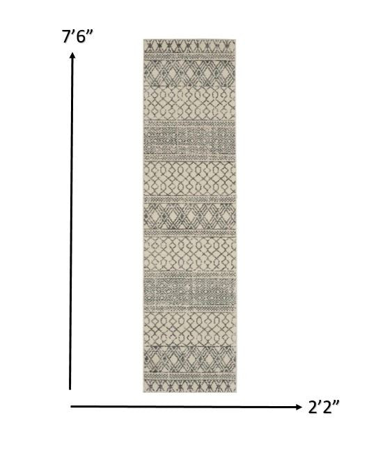 8' Gray And Ivory Geometric Runner Rug