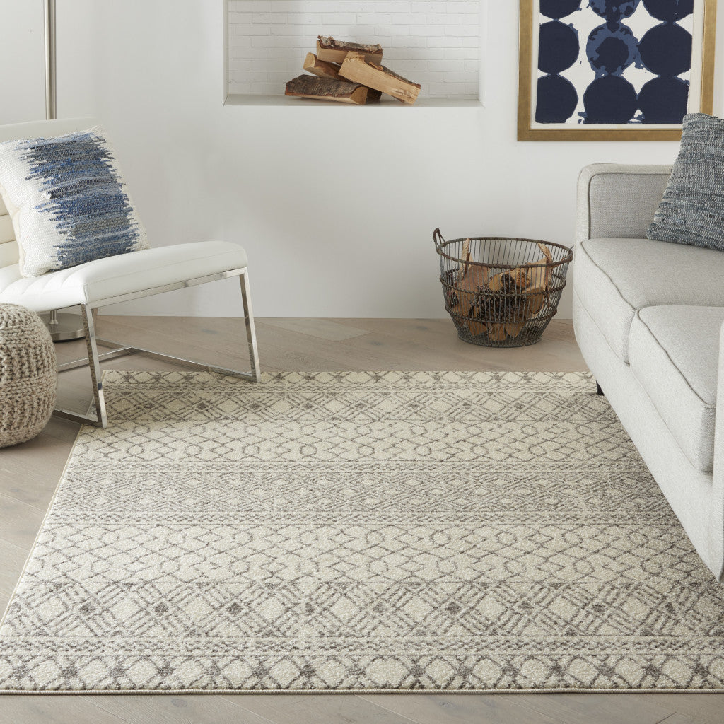 8' Gray And Ivory Geometric Runner Rug