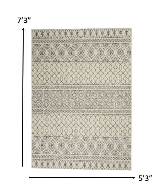 8' Gray And Ivory Geometric Runner Rug