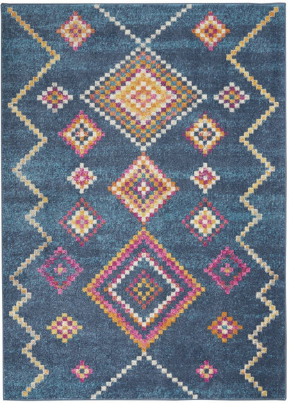 5' X 7' Navy Blue Yellow And Pink Southwestern Distressed Area Rug