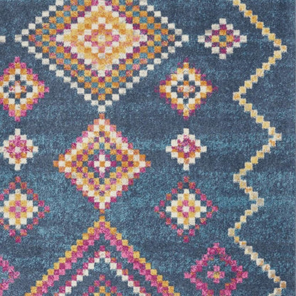 5' X 7' Navy Blue Yellow And Pink Southwestern Distressed Area Rug