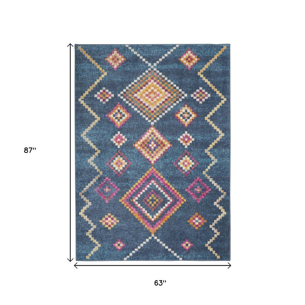 5' X 7' Navy Blue Yellow And Pink Southwestern Distressed Area Rug