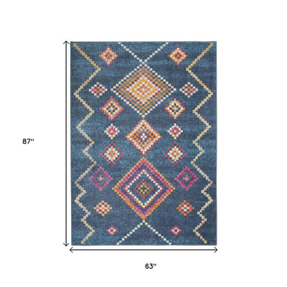 5' X 7' Navy Blue Yellow And Pink Southwestern Distressed Area Rug