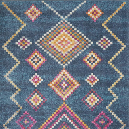 5' X 7' Navy Blue Yellow And Pink Southwestern Distressed Area Rug