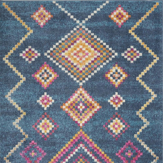 5' X 7' Navy Blue Yellow And Pink Southwestern Distressed Area Rug