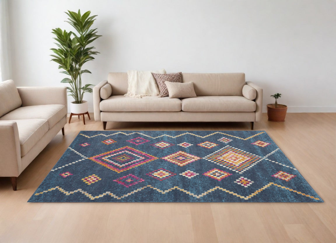 7' X 10' Navy Blue Southwestern Berber Area Rug