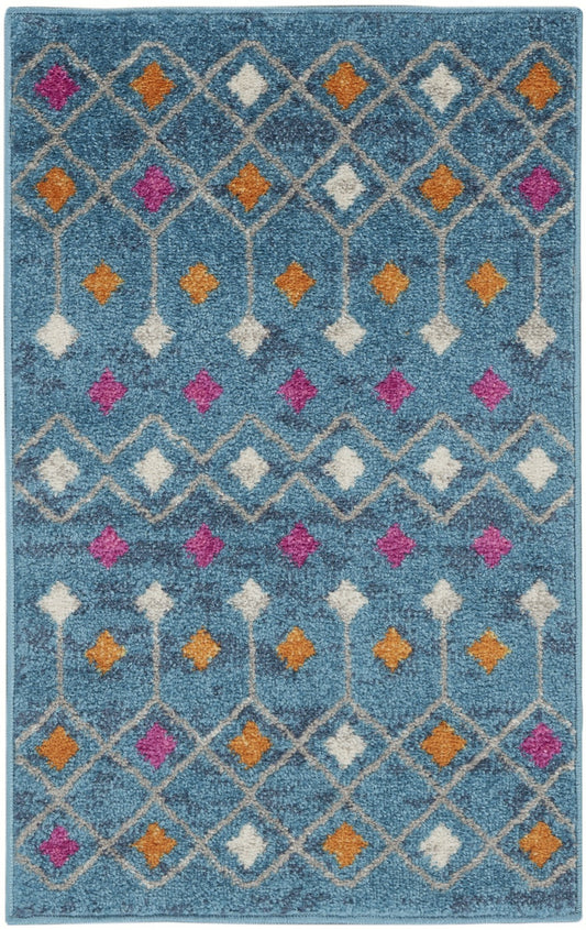 2' X 3' Blue And Orange Geometric Dhurrie Area Rug