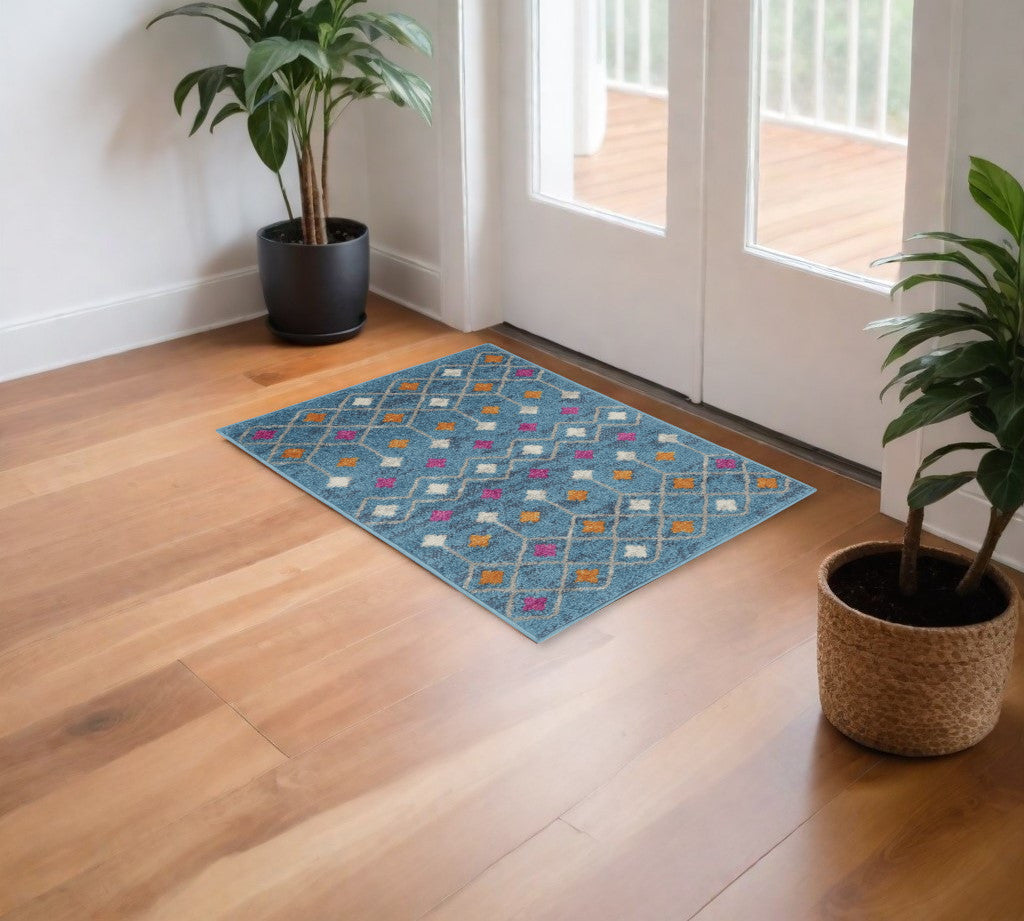 8' Blue And Orange Geometric Dhurrie Runner Rug