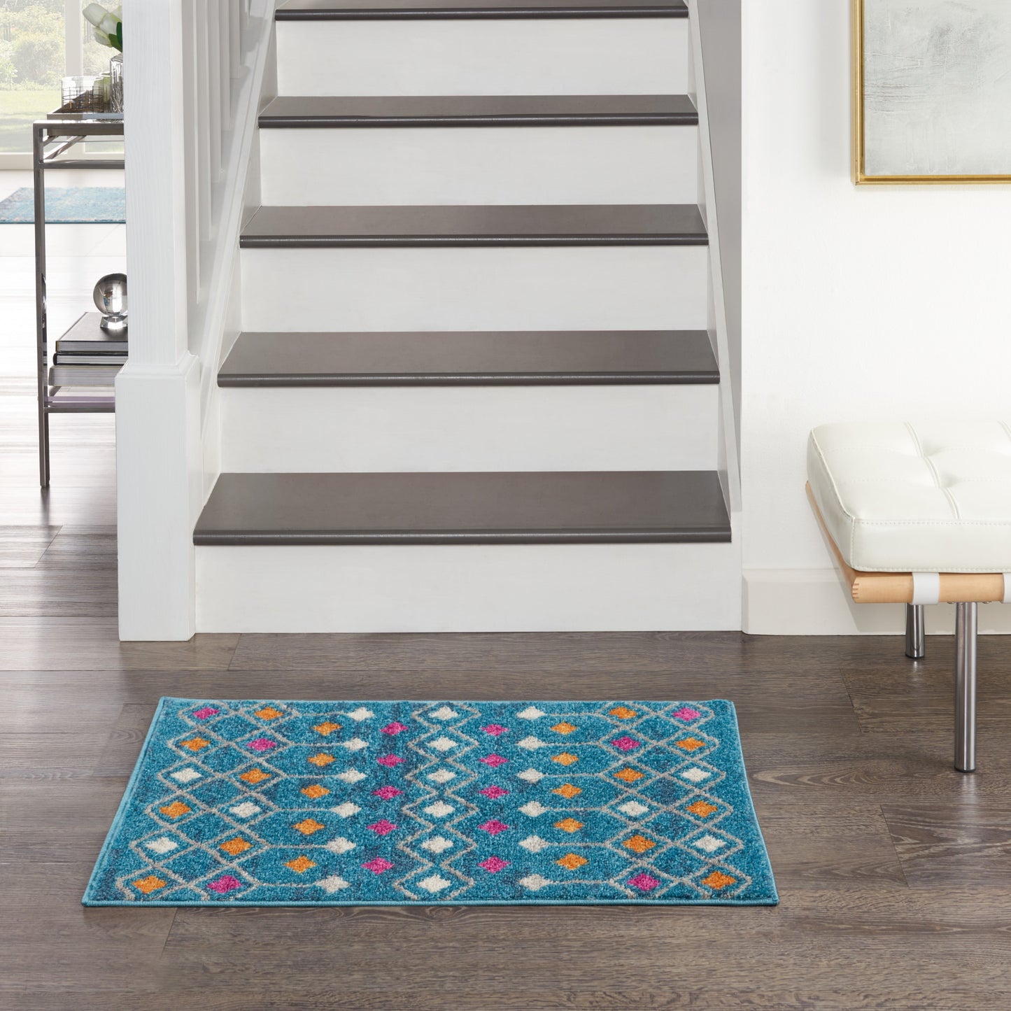 8' Blue And Orange Geometric Dhurrie Runner Rug