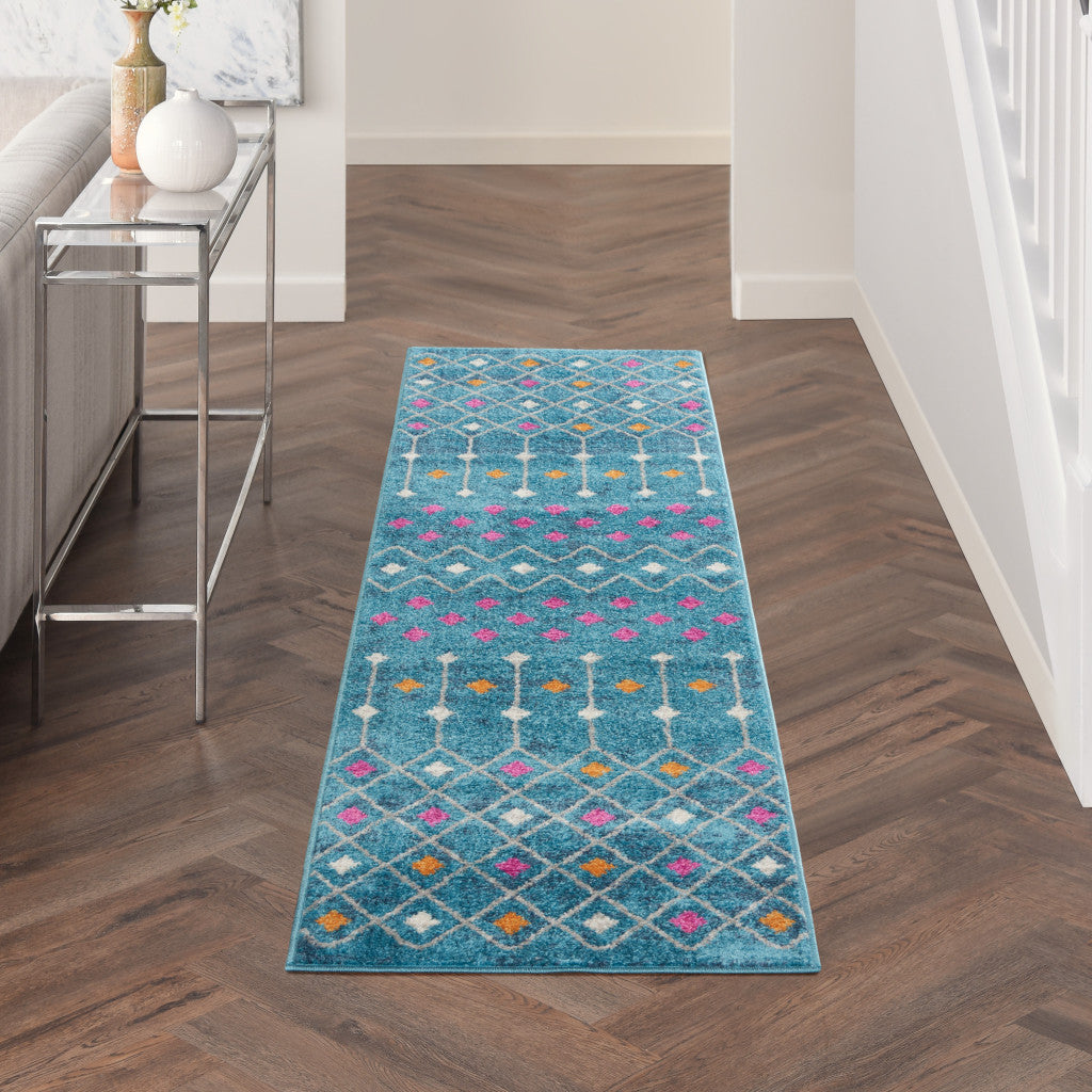 2' X 3' Blue And Orange Geometric Dhurrie Area Rug