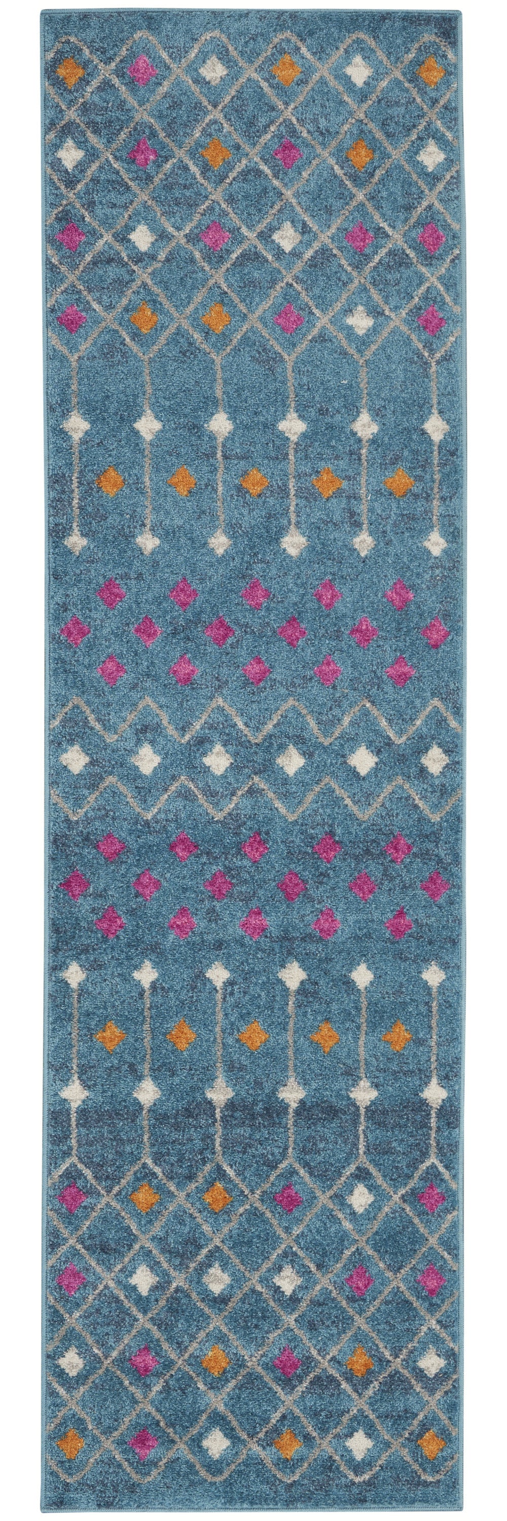 8' Blue And Orange Geometric Dhurrie Runner Rug