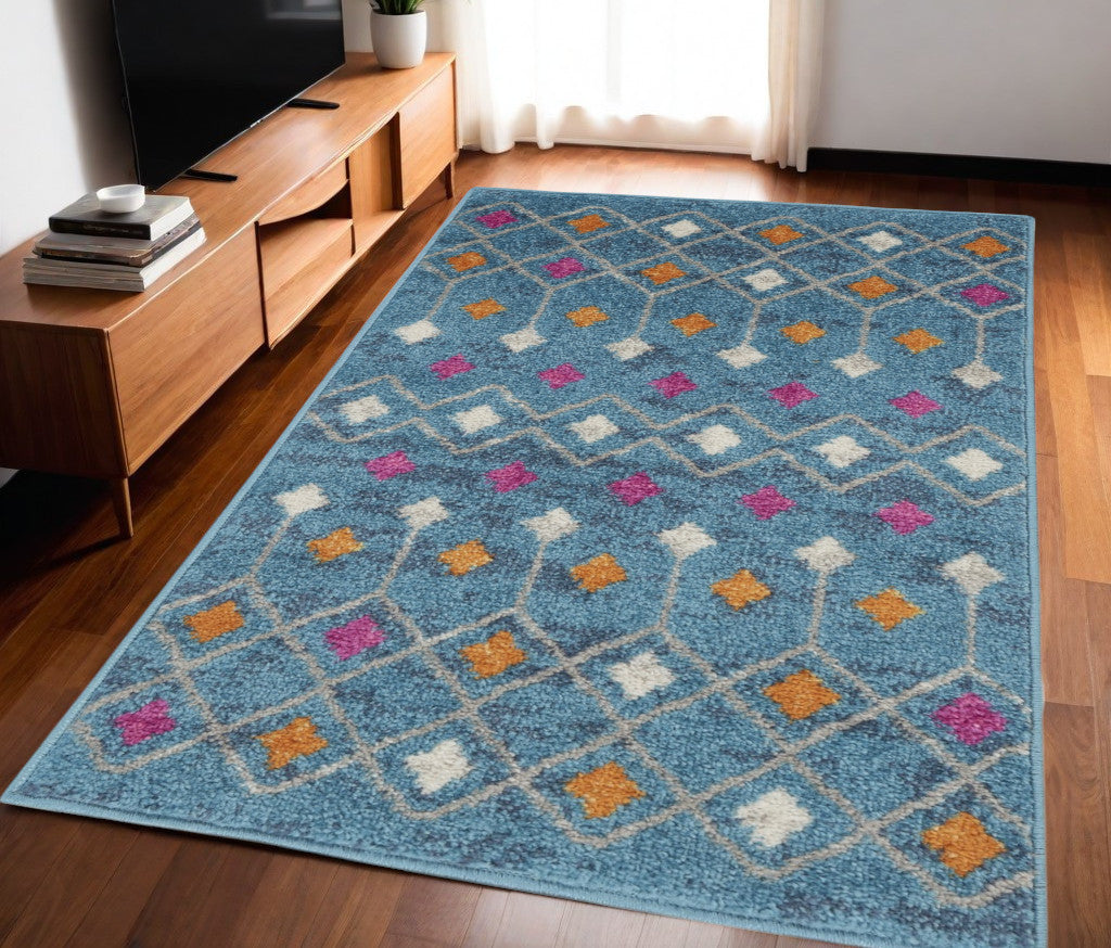 8' Blue And Orange Geometric Dhurrie Runner Rug