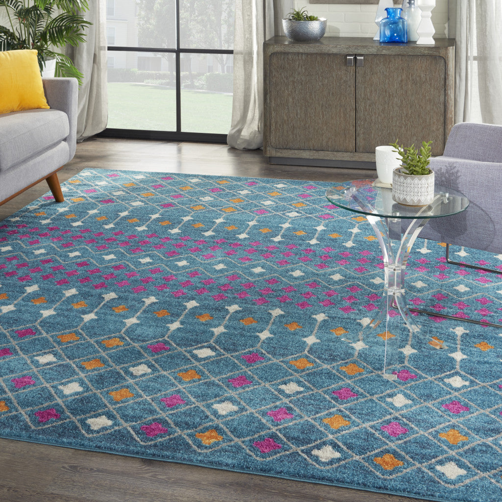 8' Blue And Orange Geometric Dhurrie Runner Rug