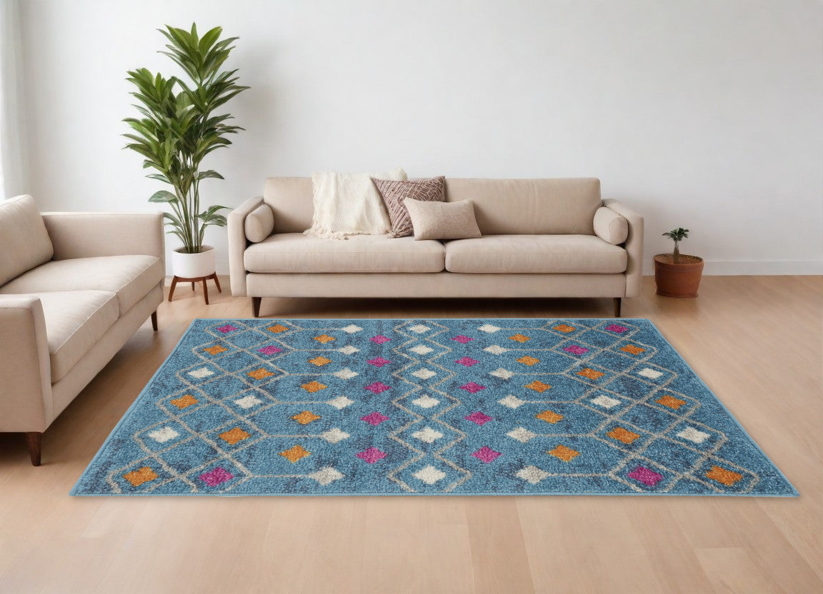 8' Blue And Orange Geometric Dhurrie Runner Rug