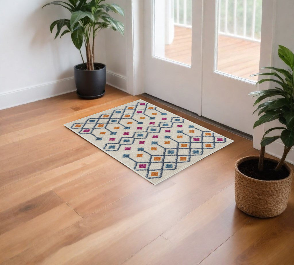 7' X 10' Blue And Ivory Geometric Dhurrie Area Rug