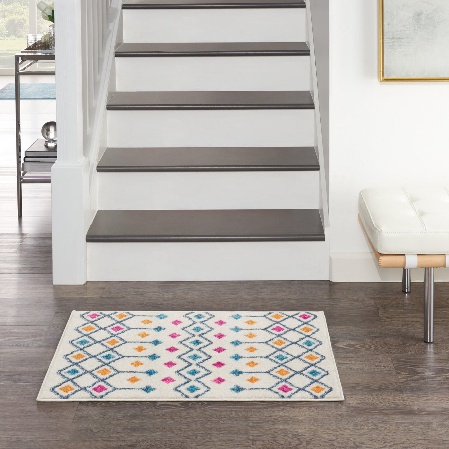 7' X 10' Blue And Ivory Geometric Dhurrie Area Rug