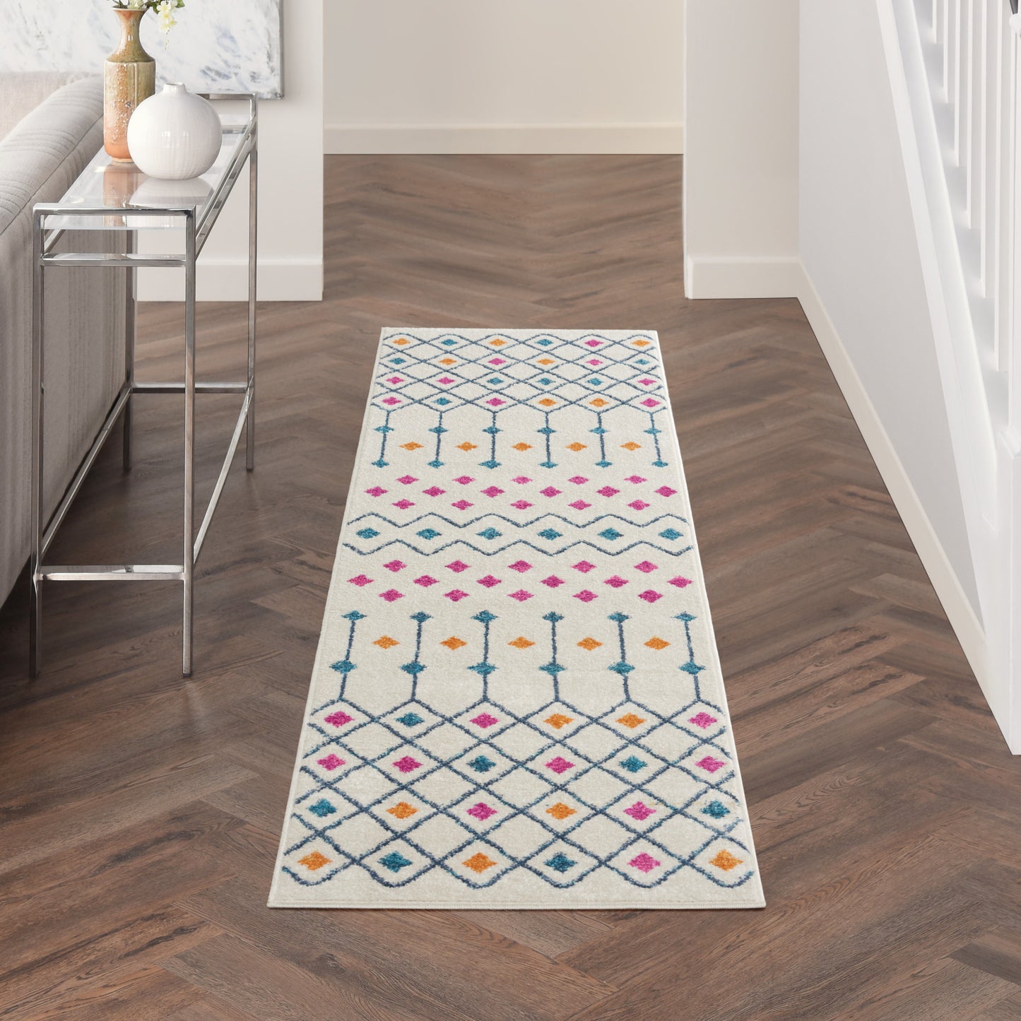 7' X 10' Blue And Ivory Geometric Dhurrie Area Rug