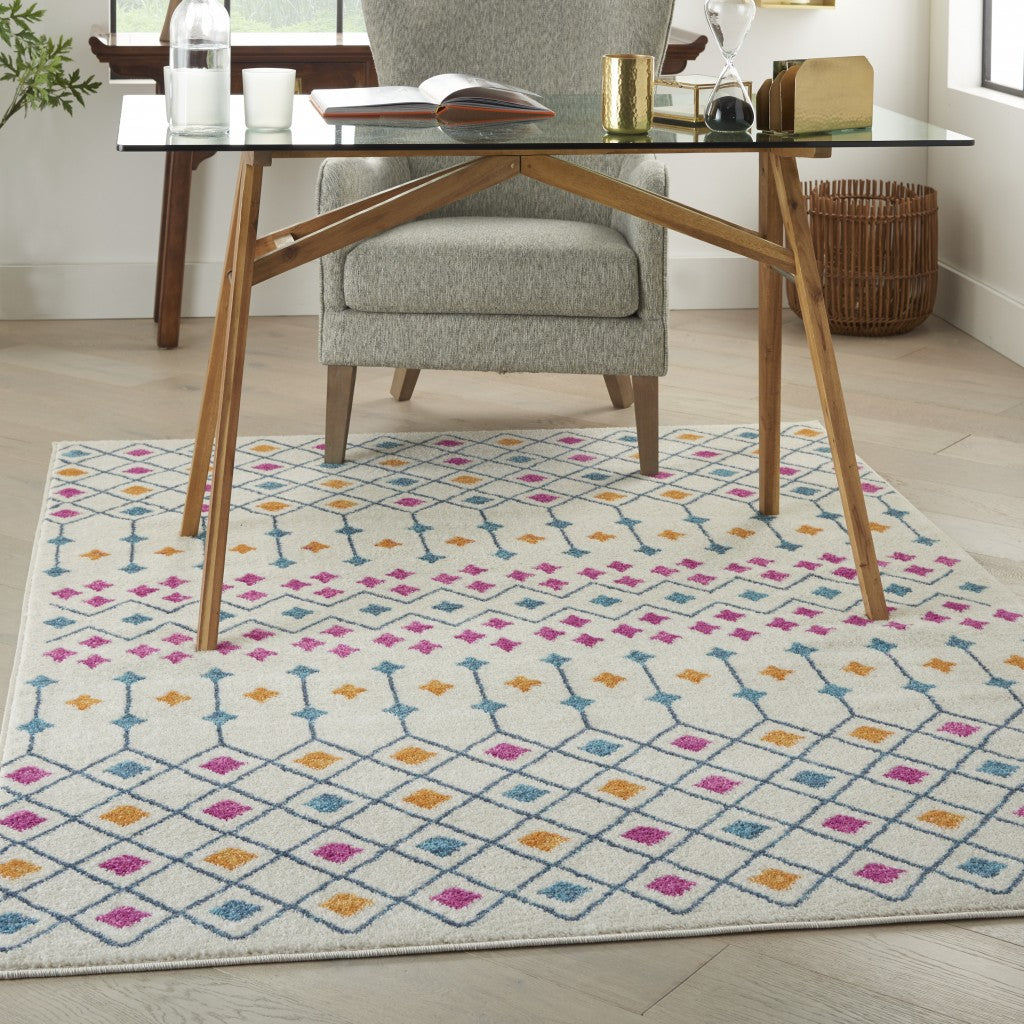 8' Blue And Ivory Geometric Dhurrie Runner Rug