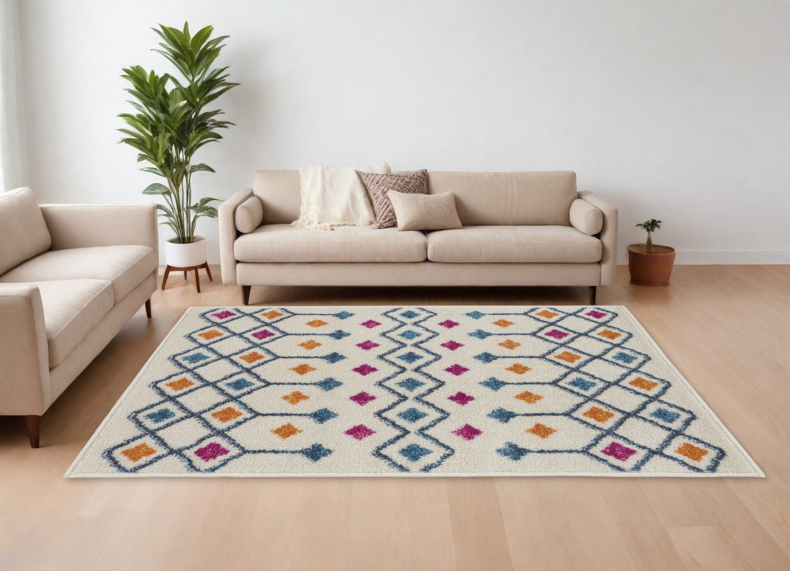 8' Blue And Ivory Geometric Dhurrie Runner Rug