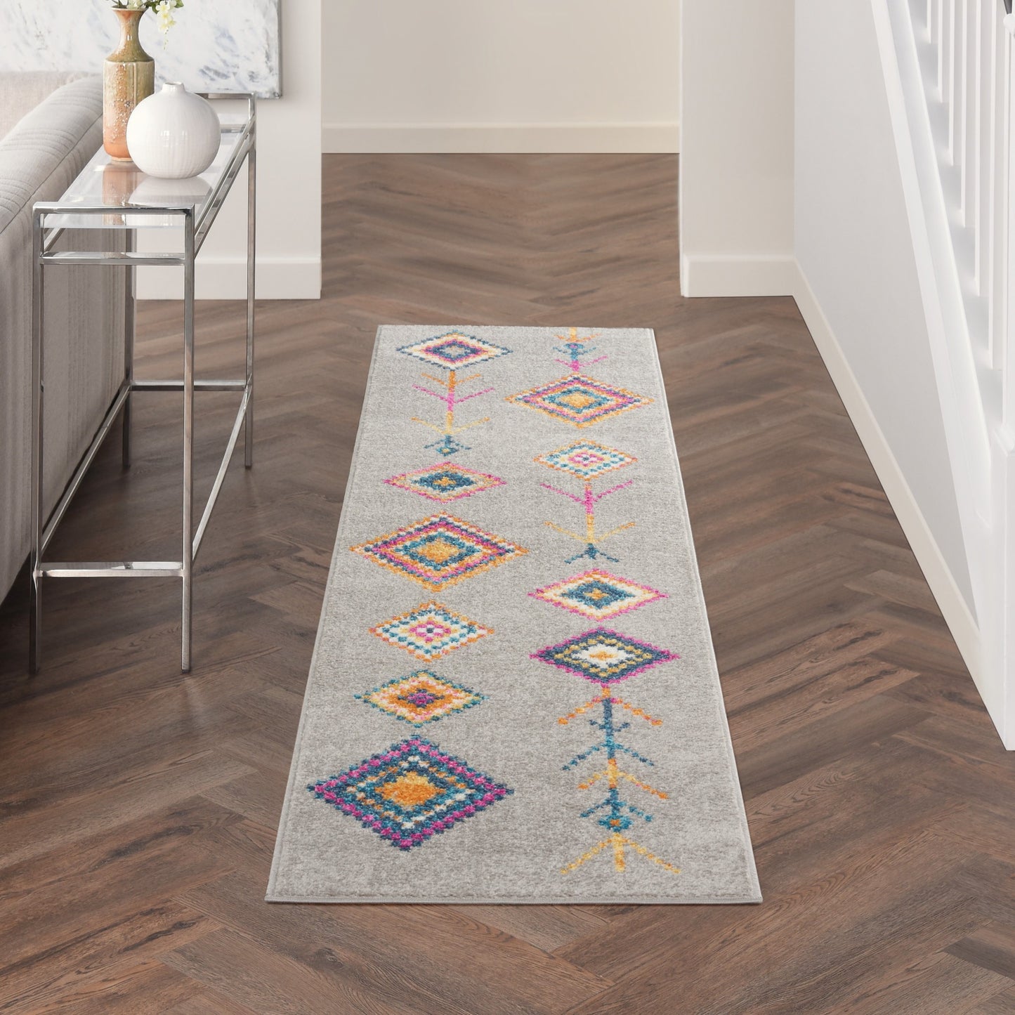 8' Gray Geometric Berber Runner Rug