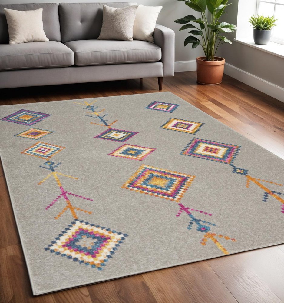 5' X 7' Gray Blue And Orange Tribal Area Rug
