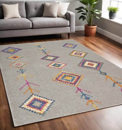 5' X 7' Gray Blue And Orange Tribal Area Rug