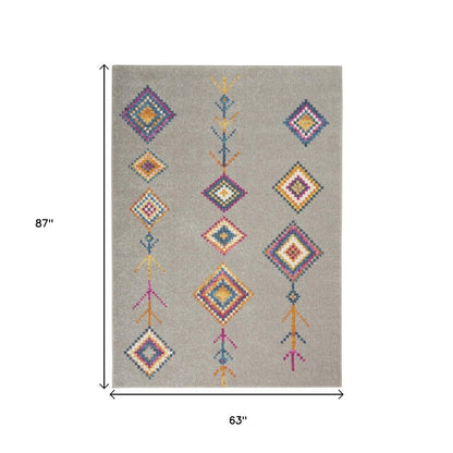 5' X 7' Gray Blue And Orange Tribal Area Rug