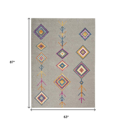 5' X 7' Gray Blue And Orange Tribal Area Rug