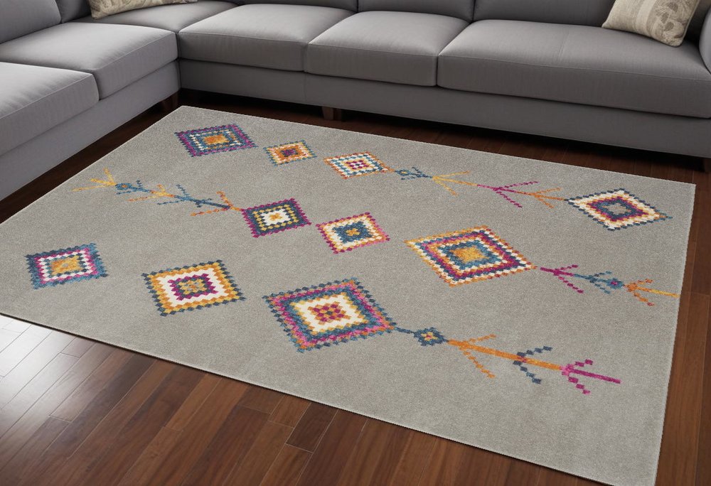 5' X 7' Gray Blue And Orange Tribal Area Rug