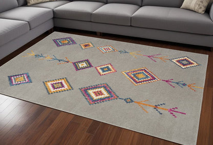 5' X 7' Gray Blue And Orange Tribal Area Rug