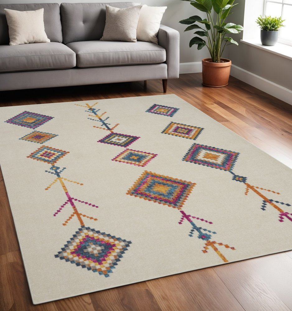 5' X 7' Blue Ivory And Pink Geometric Area Rug