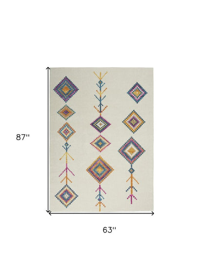 5' X 7' Blue Ivory And Pink Geometric Area Rug