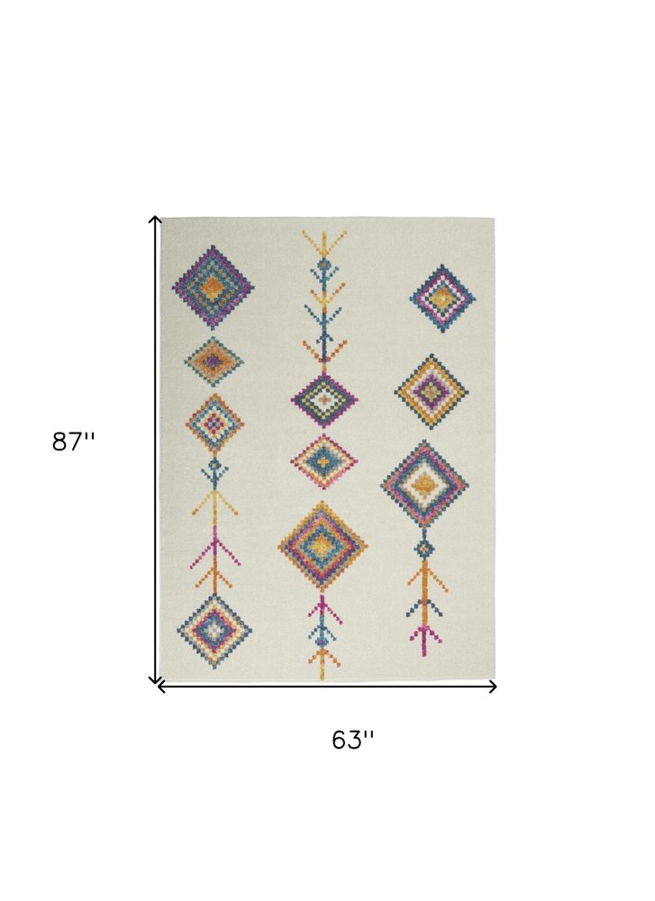 5' X 7' Blue Ivory And Pink Geometric Area Rug