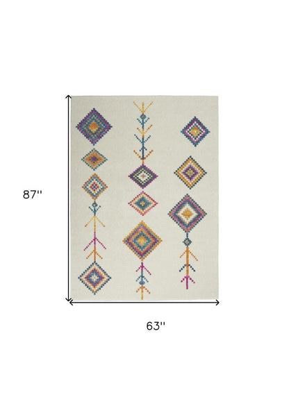 5' X 7' Blue Ivory And Pink Geometric Area Rug