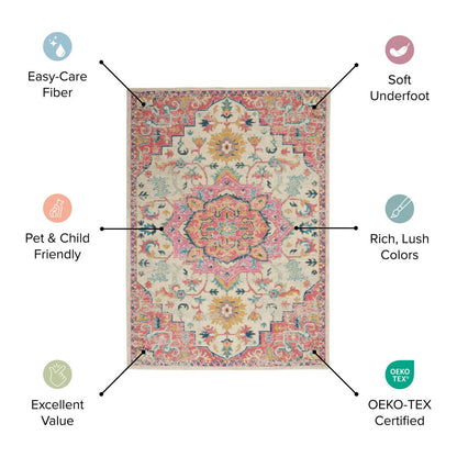 5' X 7' Blue Ivory And Pink Geometric Area Rug