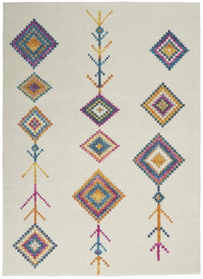 5' X 7' Blue Ivory And Pink Geometric Area Rug