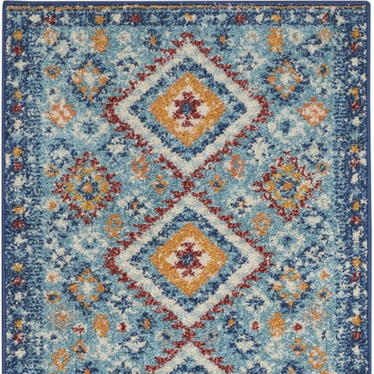 8' Blue And Orange Geometric Runner Rug