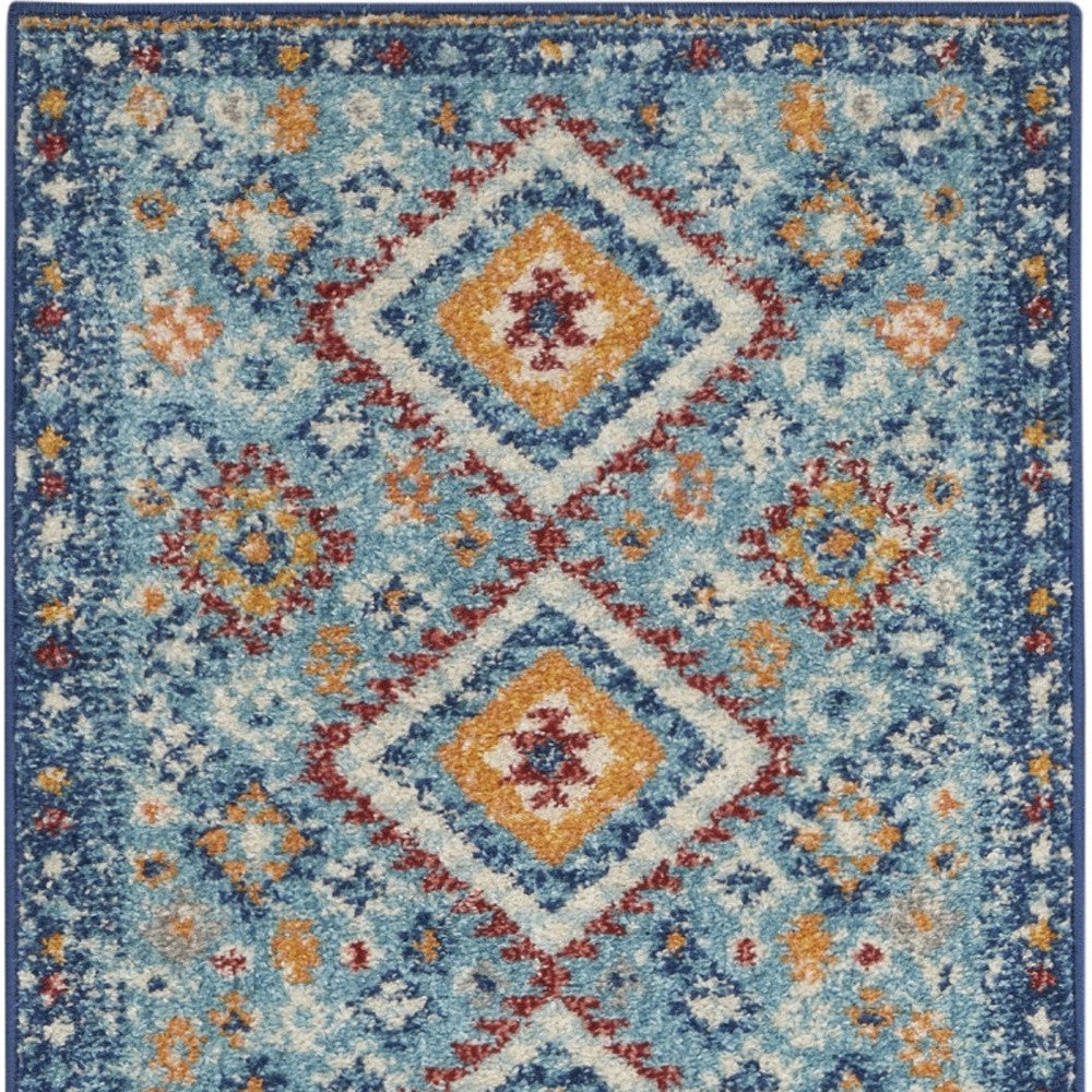 8' Blue And Orange Geometric Dhurrie Runner Rug