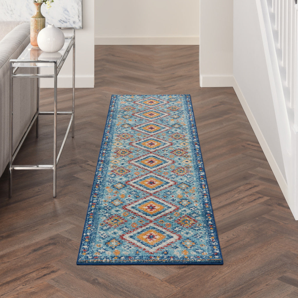 8' Blue And Orange Geometric Runner Rug