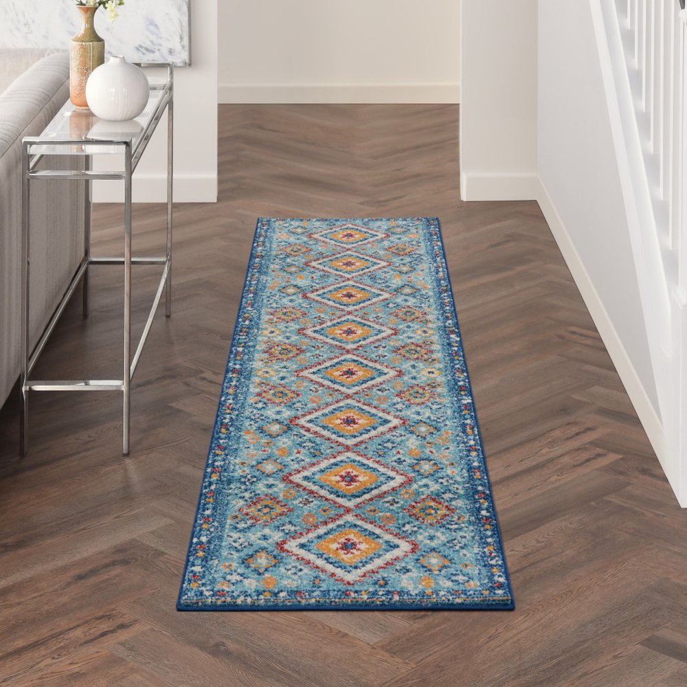 8' Blue And Orange Geometric Runner Rug
