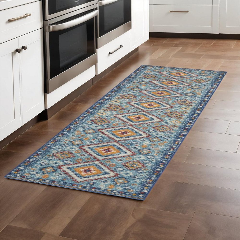 8' Blue And Orange Geometric Runner Rug